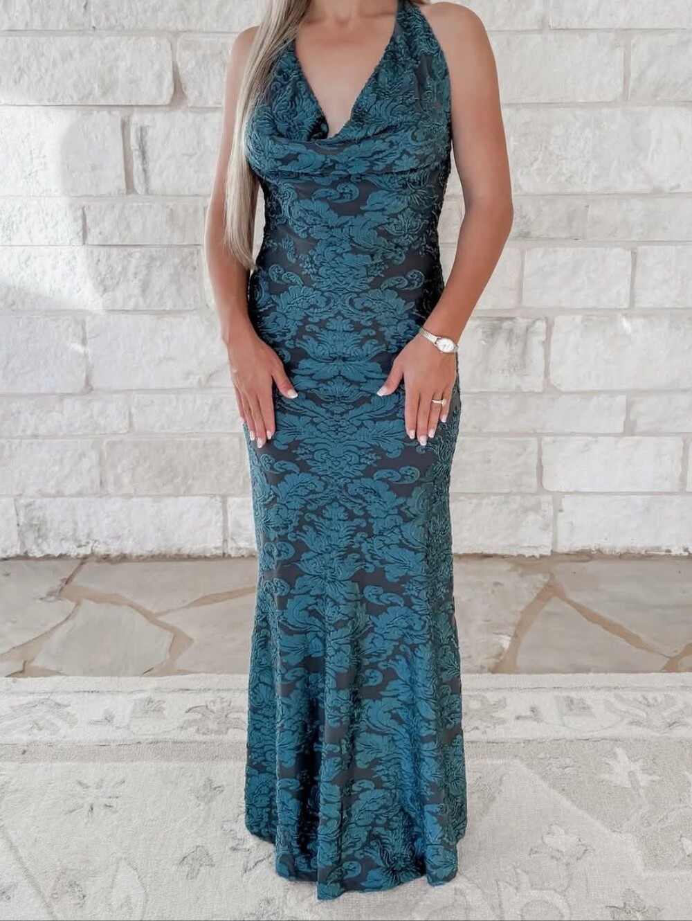 Elegant Teal Floral Halter Evening Dress - Women